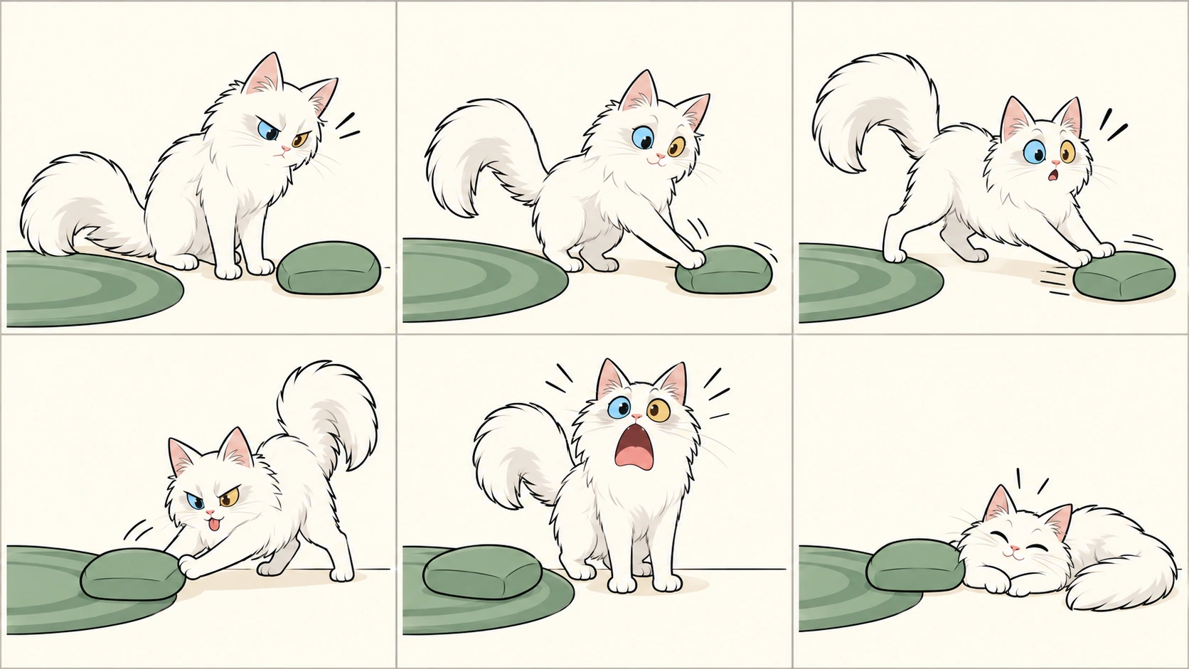 横版六格无字漫画:纯白、左蓝眼右琥珀眼的土耳其安哥拉猫观察小坐垫,轻推、推过头、绕到另一侧推回、再次推过头,最后把坐垫推回起点,却舒舒服服地躺在旁边的地板上。