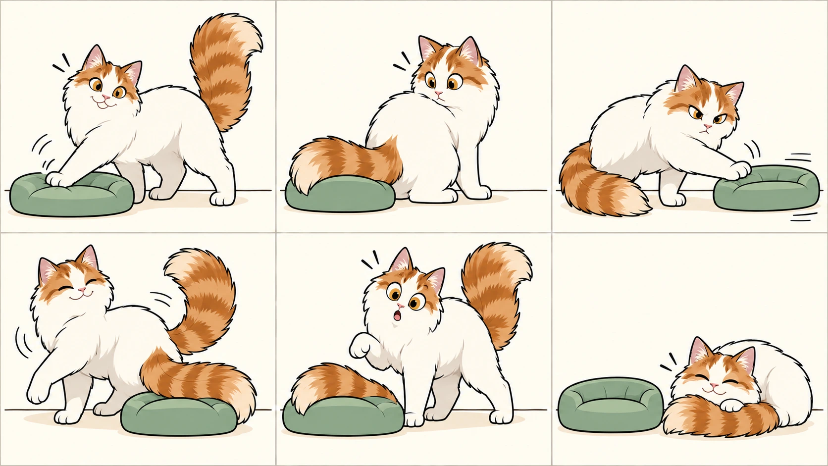 横版六格无字漫画:土耳其梵猫整理靠垫,转身时尾巴落在上面;它挪开靠垫、绕到另一侧,又发现尾巴占座,最后干脆把头枕在自己的尾巴上,留下空靠垫。