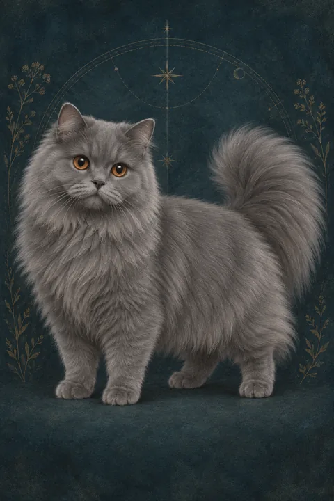 长毛米努特猫（Minuet Longhair） · 蓝色纯色长毛，圆润铜色眼睛 · 原创品种示意插画