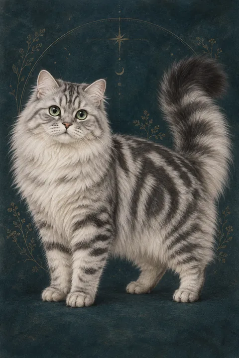 小步舞曲猫正常腿长长毛型（Minuet Talls Longhair） · 银色经典虎斑，绿色圆眼 · 原创品种示意插画