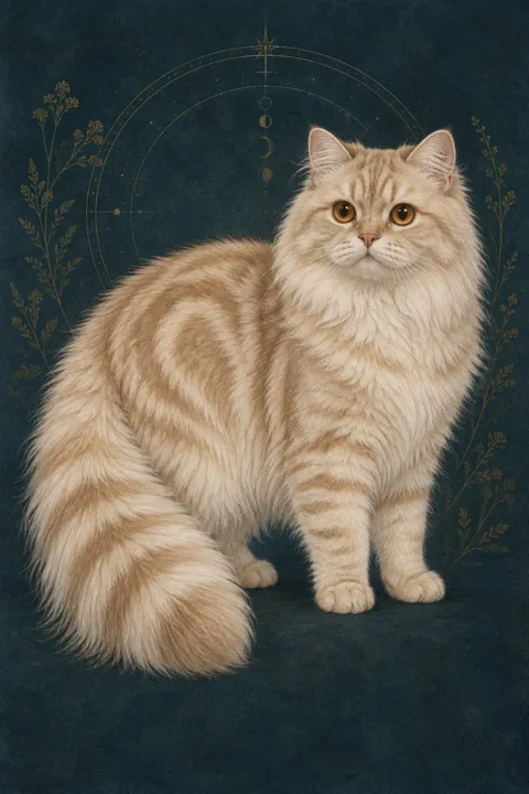 长腿米努特猫（Minuet Talls） · 长毛奶油色经典虎斑，铜色眼睛 · 原创品种示意插画