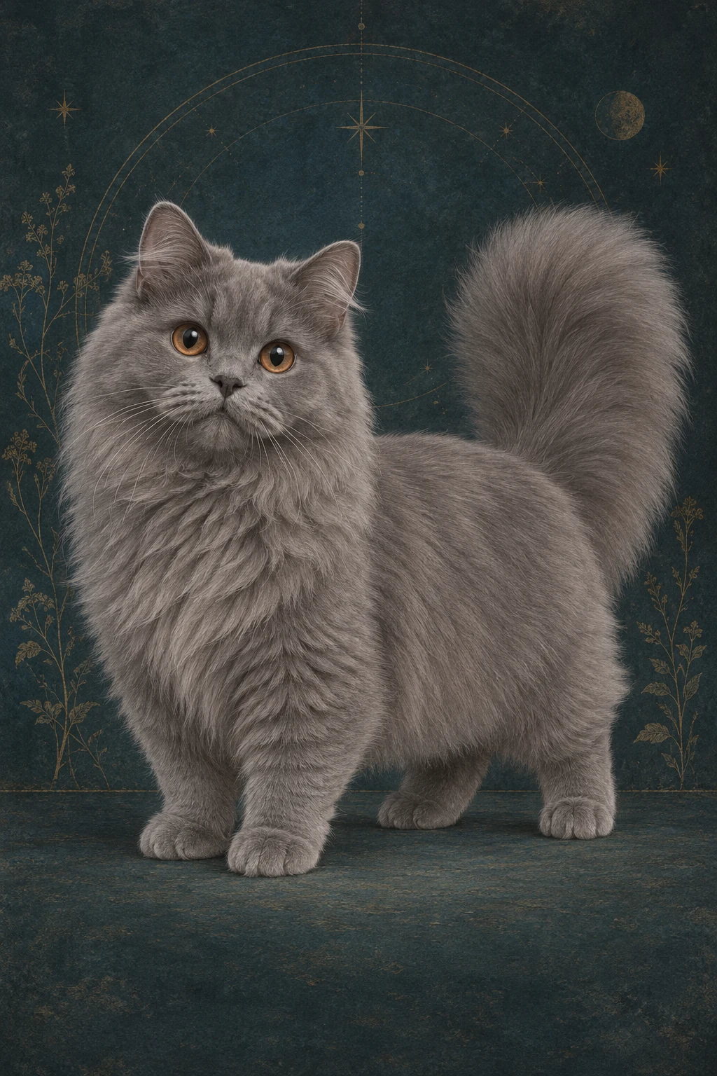 小步舞曲猫(Minuet) · 蓝色纯色长毛,铜色圆眼 · 原创品种示意插画