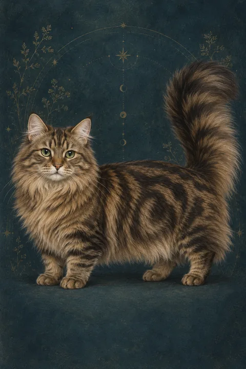 曼基康长毛猫 · 棕色黑纹经典虎斑，半长毛，绿色核桃形眼 · 原创品种示意插画