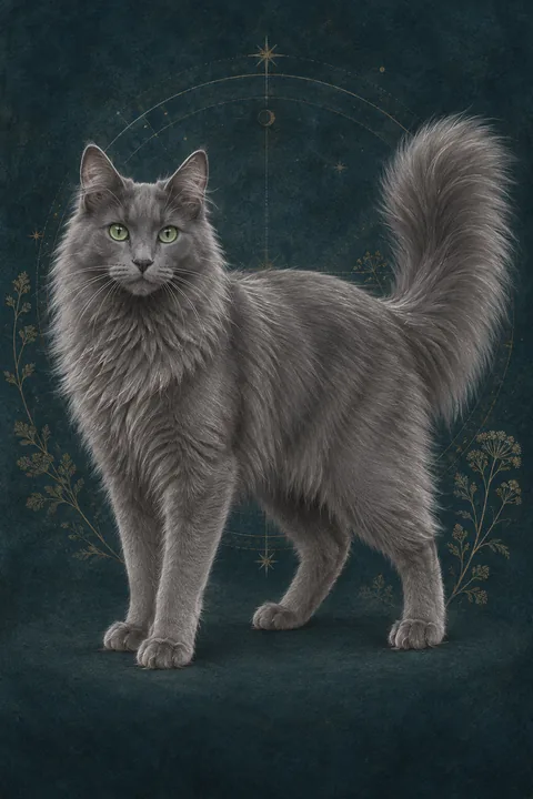 尼伯龙猫（Nebelung） · 纯蓝色半长毛、银色毛尖、绿色微椭圆眼 · 原创品种示意插画