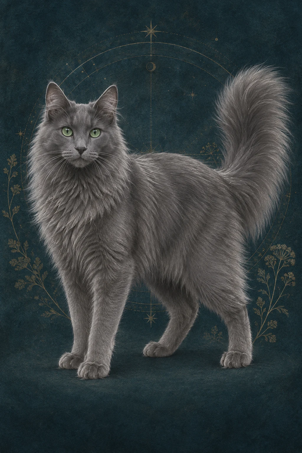 尼伯龙猫(Nebelung) · 纯蓝色半长毛、银色毛尖、绿色微椭圆眼 · 原创品种示意插画