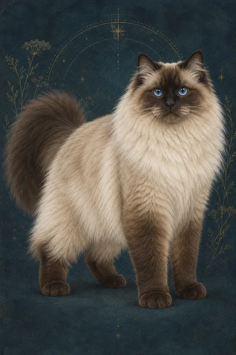 涅瓦假面猫（Neva Masquerade） · 海豹重点色半长毛，浅奶油色躯干、深棕色面罩与四肢尾巴，蓝眼 · 原创品种示意插画