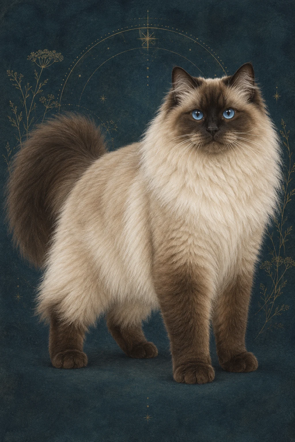 涅瓦假面猫(Neva Masquerade) · 海豹重点色半长毛,浅奶油色躯干、深棕色面罩与四肢尾巴,蓝眼 · 原创品种示意插画