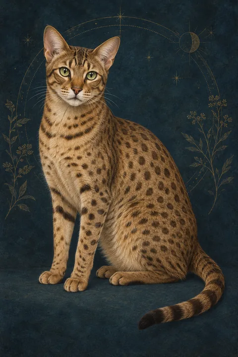 欧西猫（Ocicat） · 暖青铜底色、黑褐色斑点，绿色杏仁眼 · 原创品种示意插画