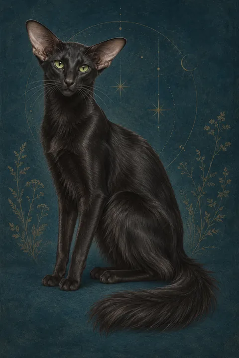 东方长毛猫 · 纯黑半长毛，绿色杏仁眼 · 原创品种示意插画