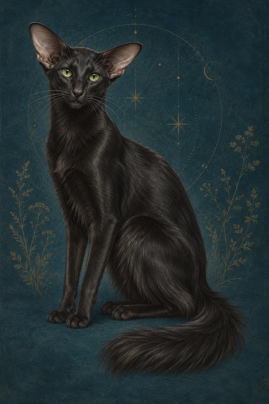 东方长毛猫 · 纯黑半长毛,绿色杏仁眼 · 原创品种示意插画