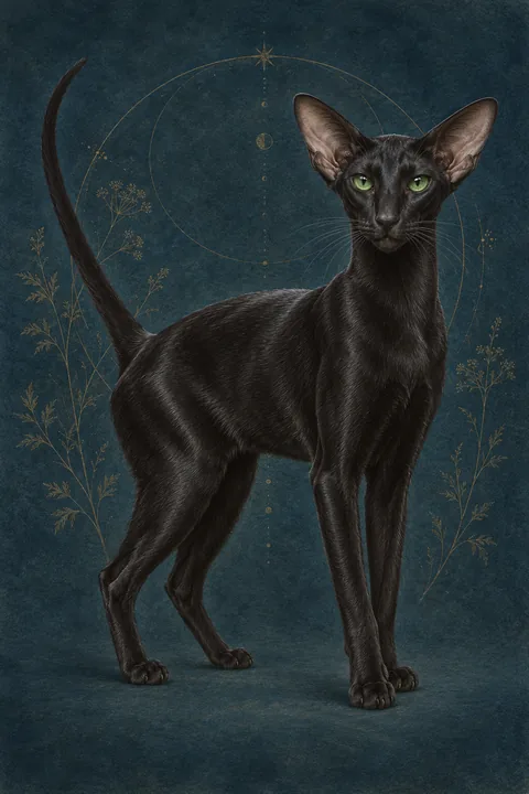 东方短毛猫 · 纯黑贴身短毛，绿色杏仁眼 · 原创品种示意插画