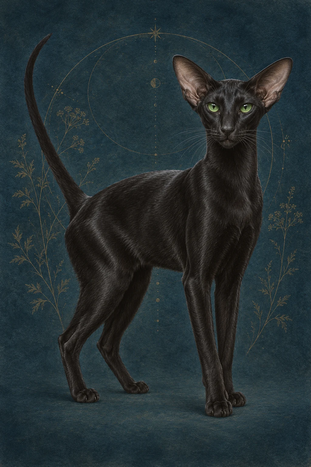 东方短毛猫 · 纯黑贴身短毛,绿色杏仁眼 · 原创品种示意插画
