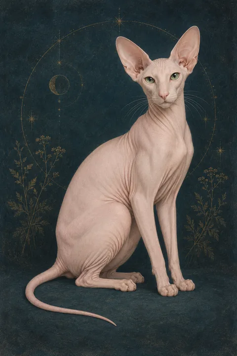 彼得秃猫（Peterbald） · 纯粉色无毛皮肤，绿色杏仁眼 · 原创品种示意插画