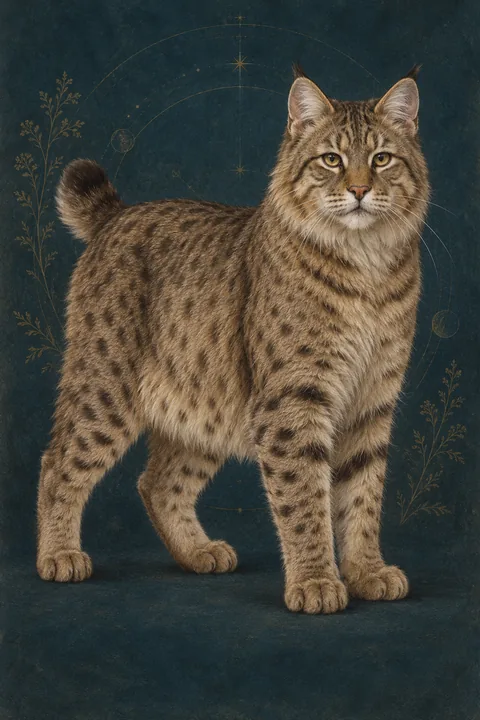 长毛皮克西短尾猫（Pixiebob Longhair） · 中等长度棕色斑点虎斑被毛、黑褐色短尾尖、金色眼睛 · 原创品种示意插画