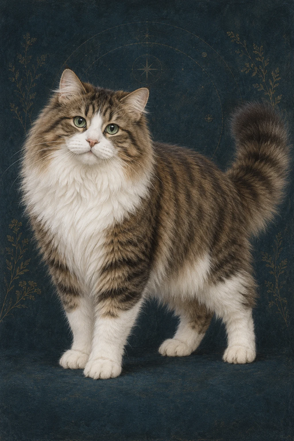 褴褛猫(Ragamuffin) · 棕色鲭鱼纹虎斑加白中长毛,绿色核桃形眼睛 · 原创品种示意插画