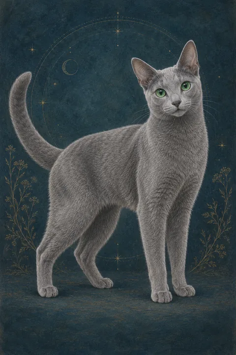 俄罗斯蓝猫 · 纯蓝灰色短毛，银色毛尖，鲜绿色眼睛 · 原创品种示意插画