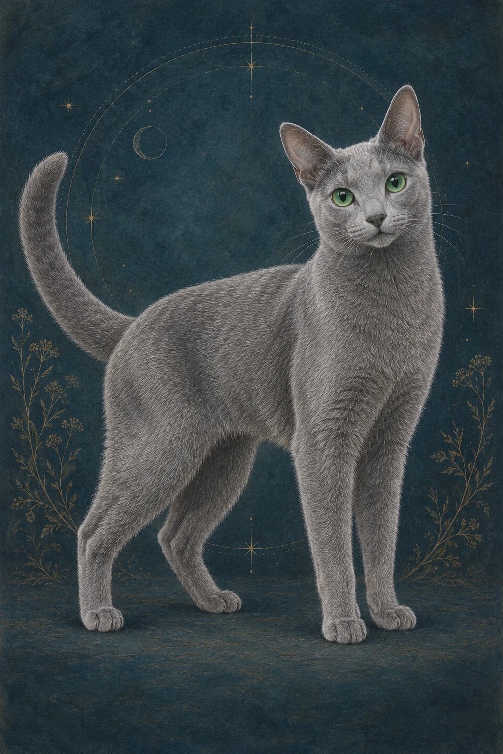 俄罗斯蓝猫 · 纯蓝灰色短毛,银色毛尖,鲜绿色眼睛 · 原创品种示意插画