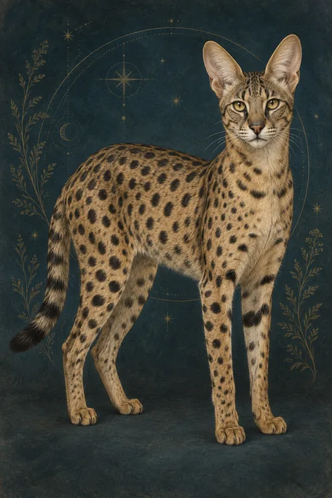 萨凡纳猫 · 暖棕底黑色斑点，金色眼睛 · 原创品种示意插画