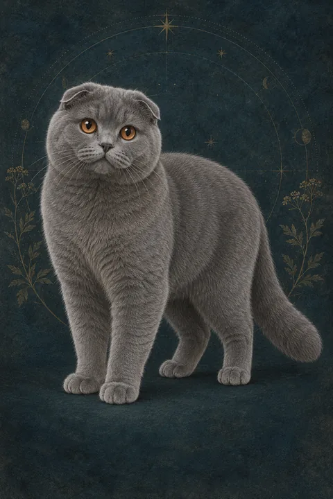 苏格兰折耳猫 · 纯蓝灰色短毛，铜色圆眼 · 原创品种示意插画
