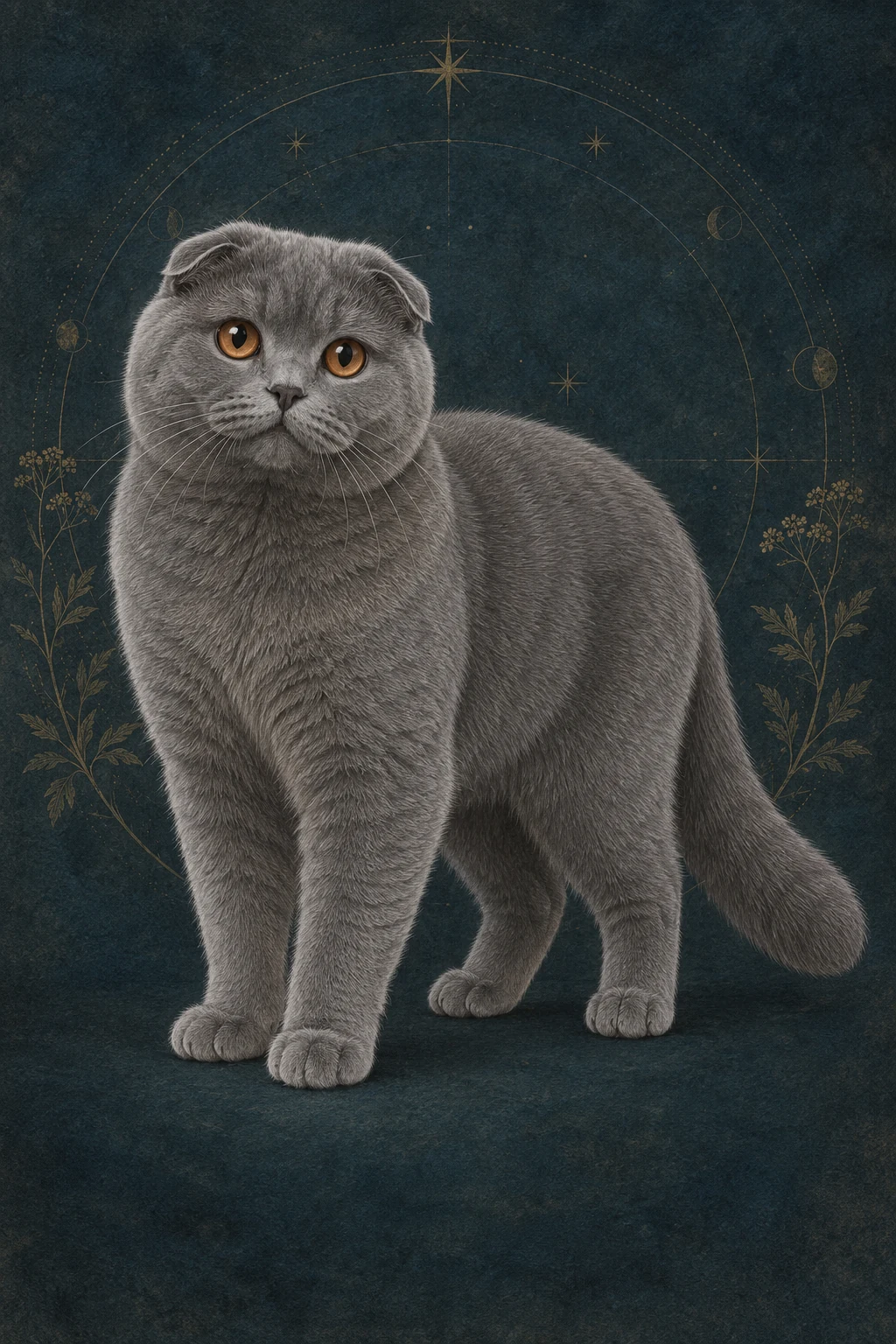 苏格兰折耳猫 · 纯蓝灰色短毛,铜色圆眼 · 原创品种示意插画