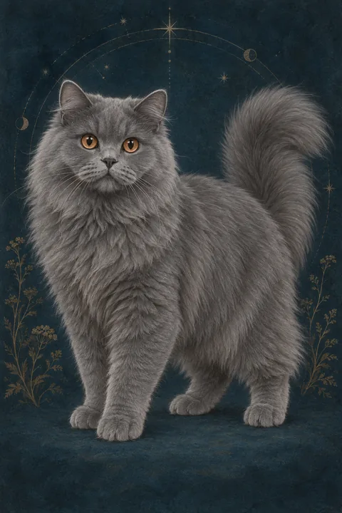 苏格兰立耳长毛猫 · 蓝色纯色半长毛，铜色圆眼 · 原创品种示意插画