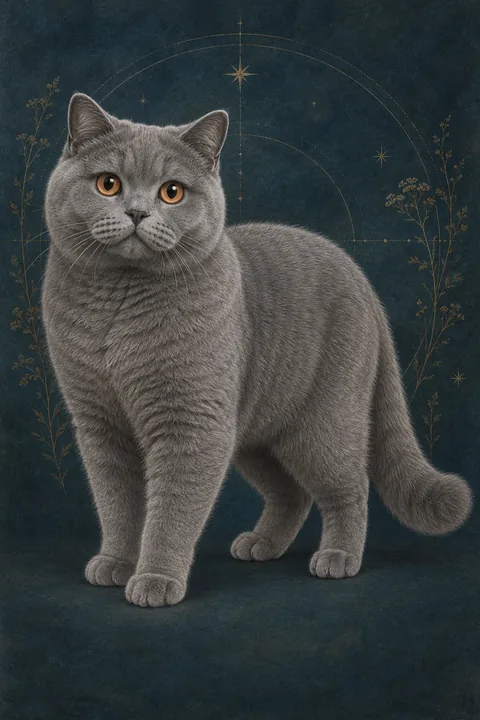 苏格兰立耳猫 · 纯蓝灰色短毛，圆形铜色眼睛，直立耳 · 原创品种示意插画