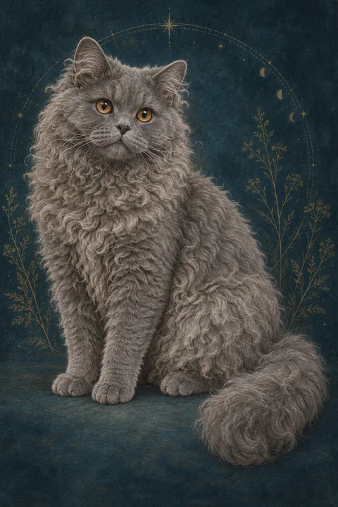 塞尔凯克卷毛猫长毛型 · 纯蓝灰色长卷毛，圆形铜色眼睛 · 原创品种示意插画