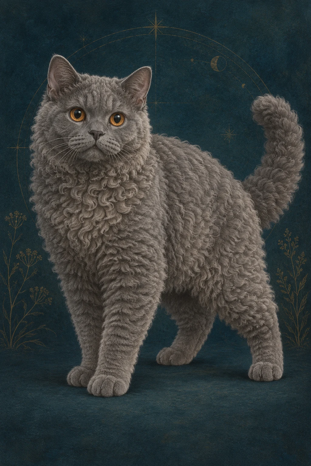 塞尔凯克卷毛猫 · 纯蓝灰色短卷毛,铜色圆眼 · 原创品种示意插画