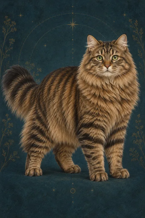 西伯利亚猫 · 棕色鲭鱼纹虎斑，黑色条纹，绿色眼睛 · 原创品种示意插画