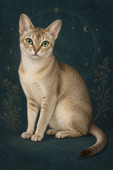 新加坡猫 · 暖象牙底深褐色细密毛尖；绿色杏仁眼 · 原创品种示意插画