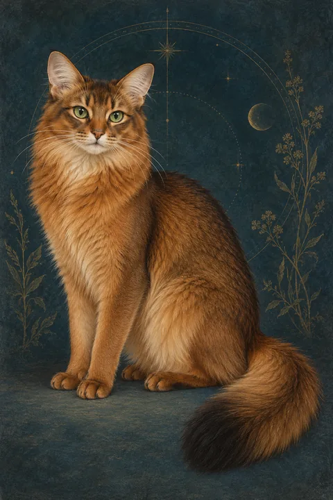 索马里猫 · 红褐底色、黑褐色分段着色，绿色杏仁眼 · 原创品种示意插画