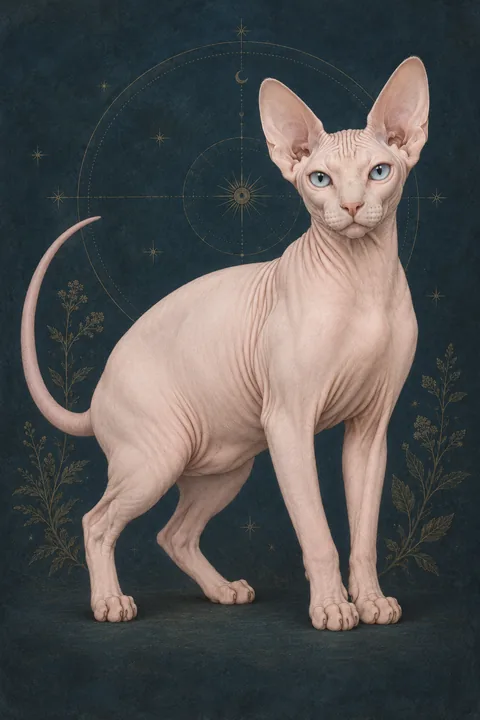 斯芬克斯猫 · 白色型浅粉皮肤，无斑纹，蓝色柠檬形眼睛 · 原创品种示意插画