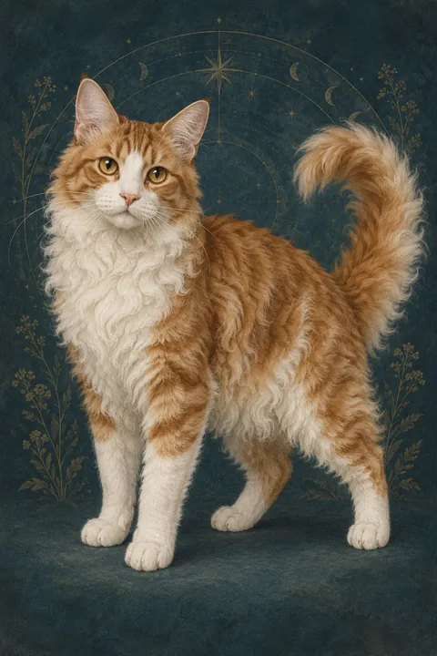 田纳西卷毛猫（Tennessee Rex） · 红色虎斑加白，长卷毛，金色杏仁眼 · 原创品种示意插画