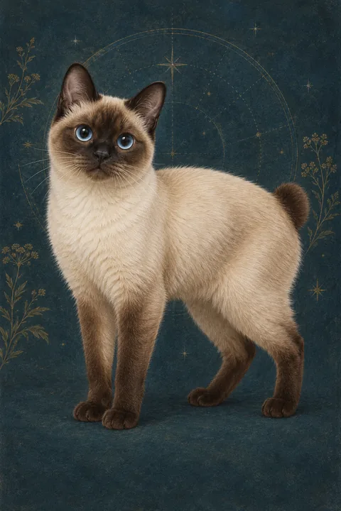 玩偶短尾猫（Toybob） · 短毛海豹重点色，奶油色身体、深褐色重点部位，蓝色大圆眼 · 原创品种示意插画