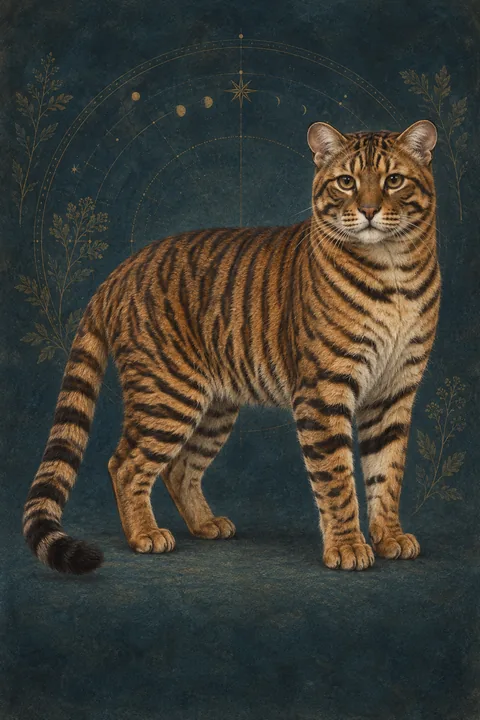 玩具虎猫（Toyger） · 橙棕底色、黑色竖向虎纹、浅奶油色腹部，琥珀色圆眼 · 原创品种示意插画