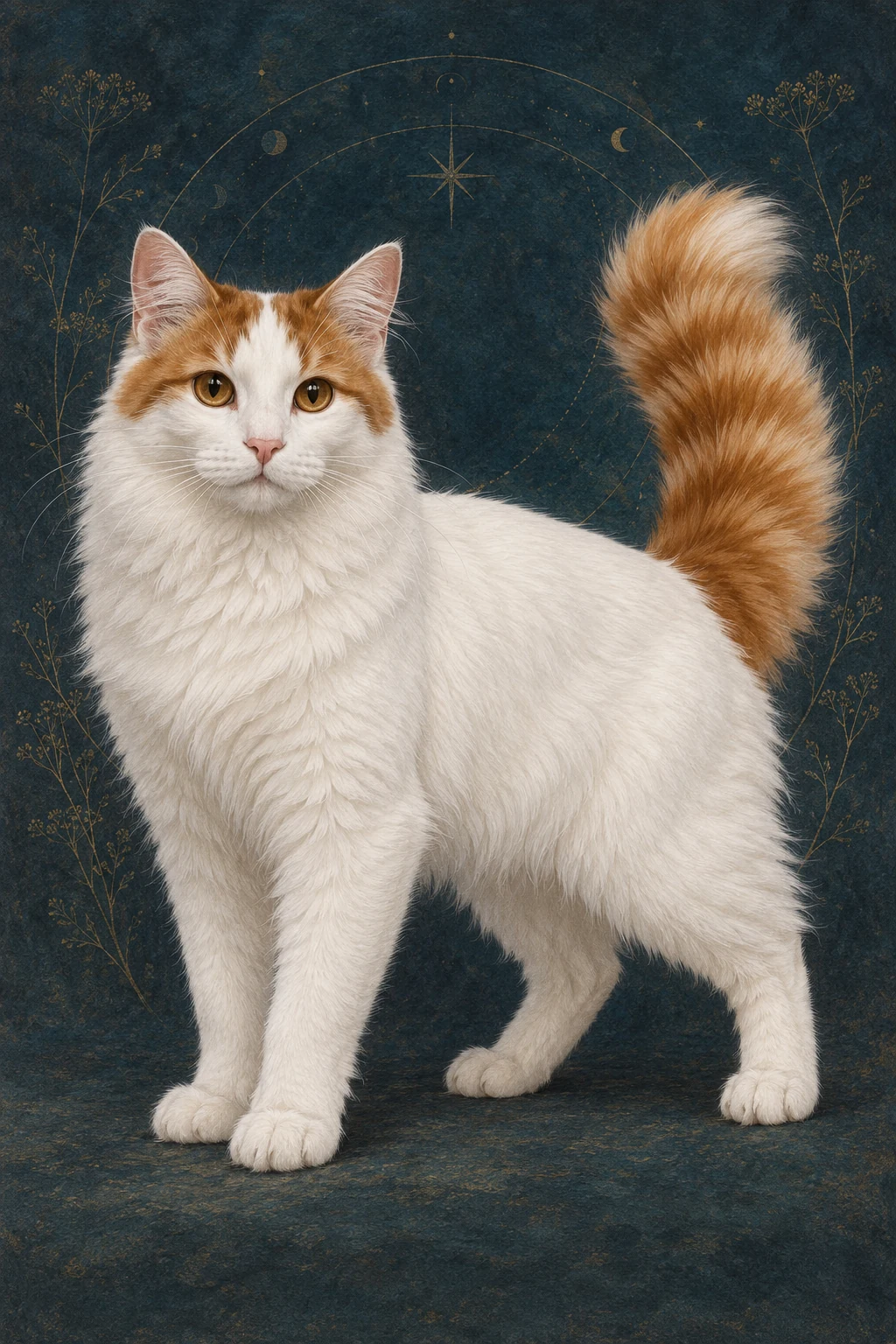 土耳其梵猫 · 白色半长毛,头顶与尾部为红虎斑,琥珀色眼睛 · 原创品种示意插画