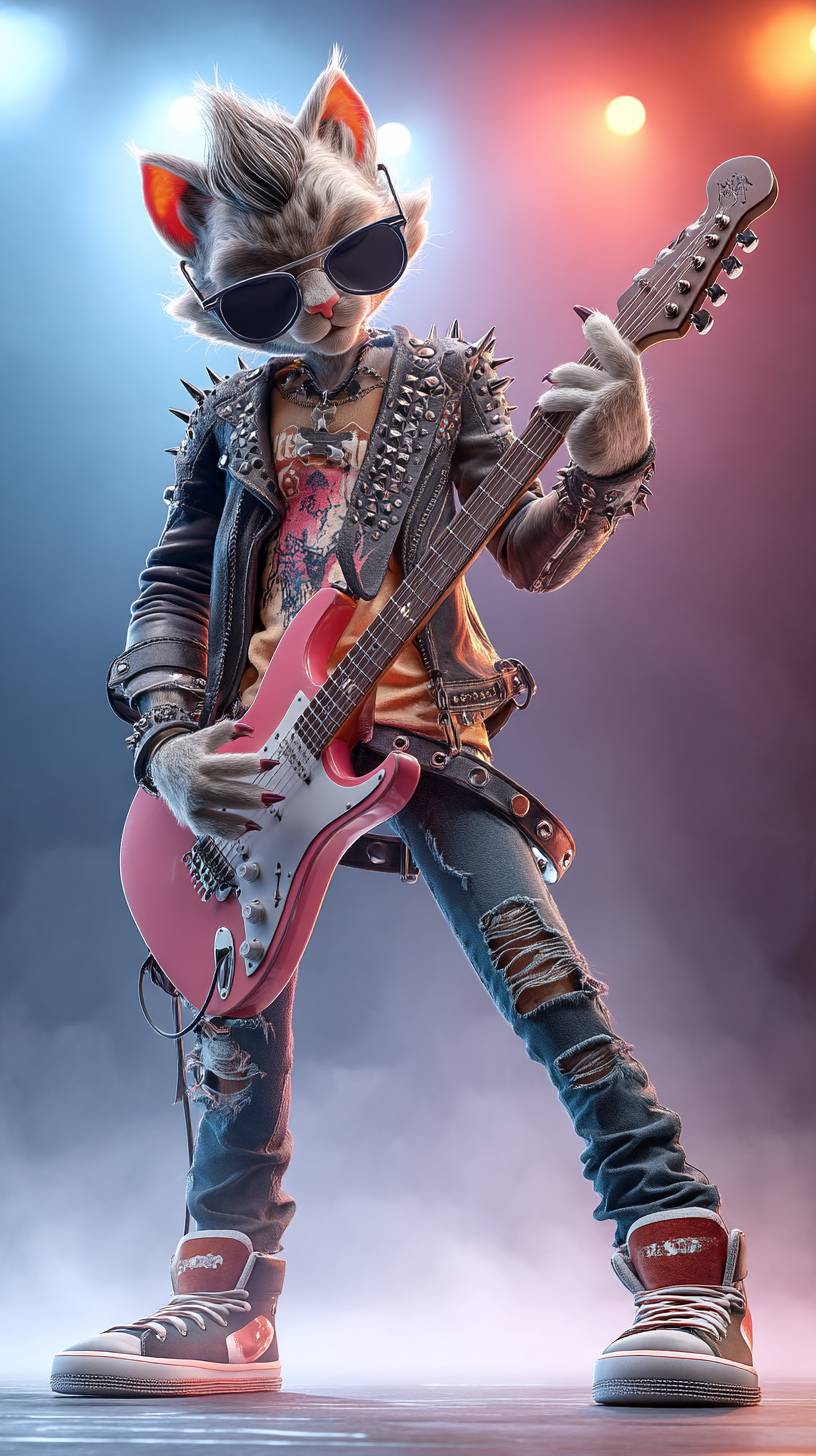 Un cool gatito antropomórfico toca la guitarra eléctrica en el escenario con un atuendo de rockstar.