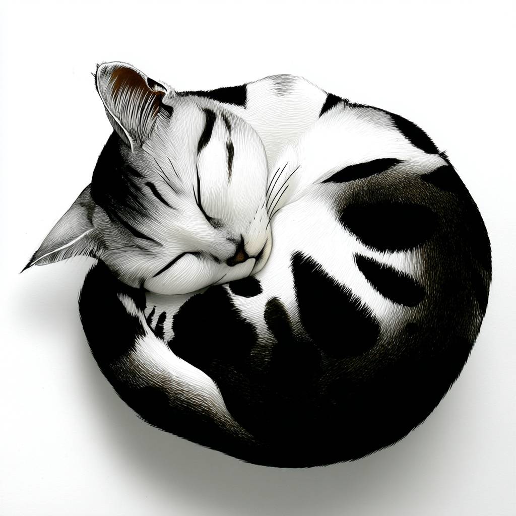 Eine schläfrige getigert Katze hat sich zusammengekugelt.