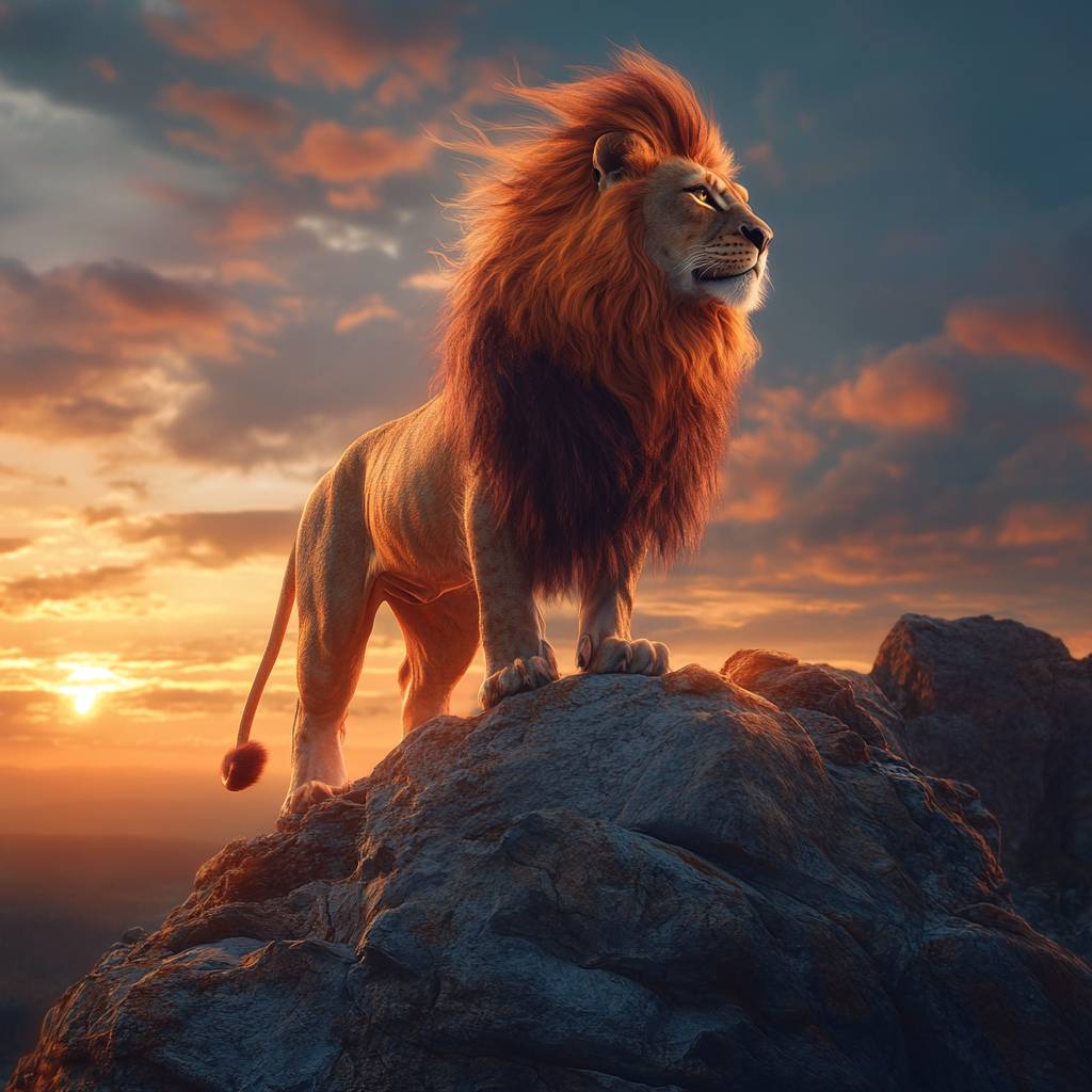 Un gato parecido a un león con una melena majestuosa en un acantilado al atardecer.