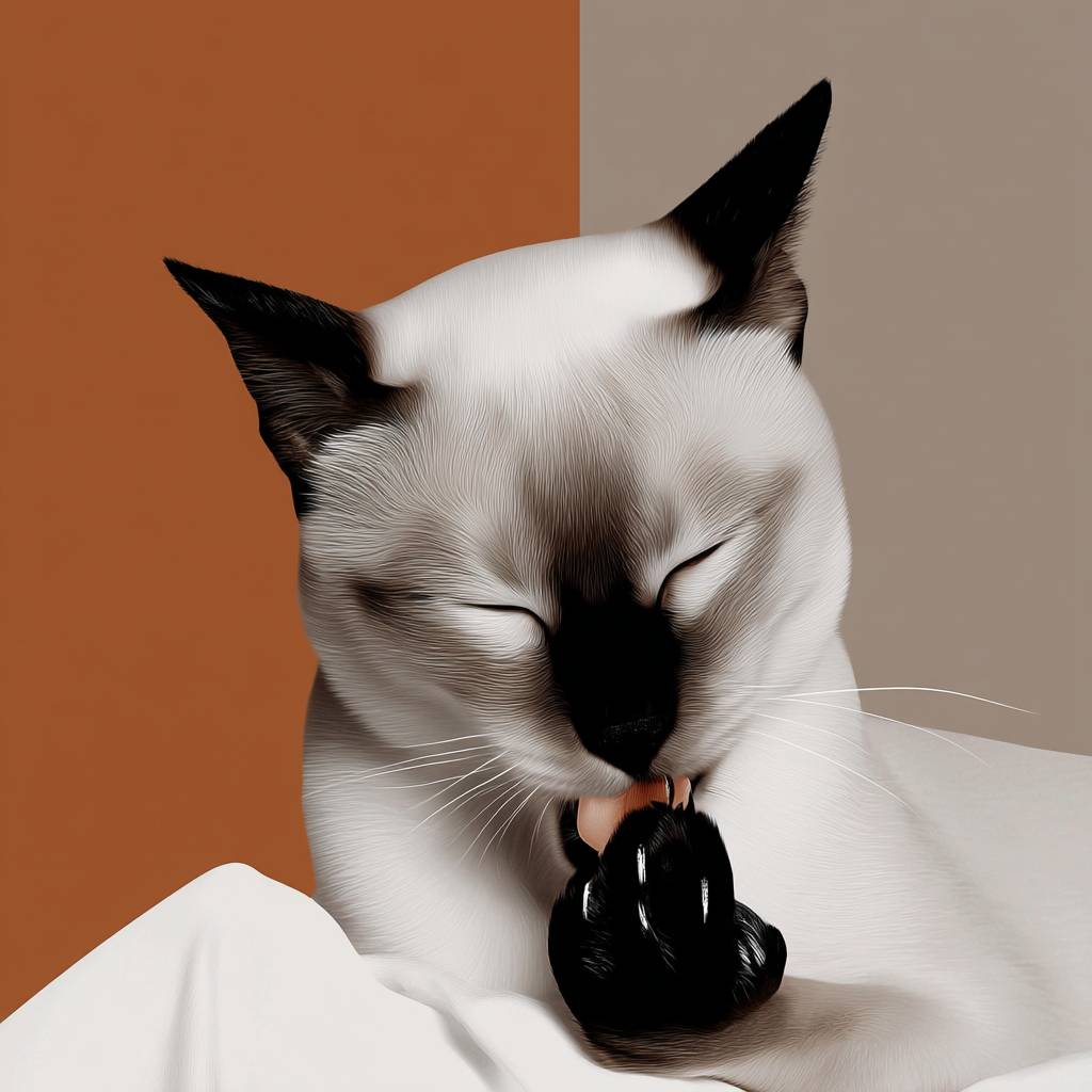 Eine sanfte Siamesische Katze leckt ihre Pfoten.