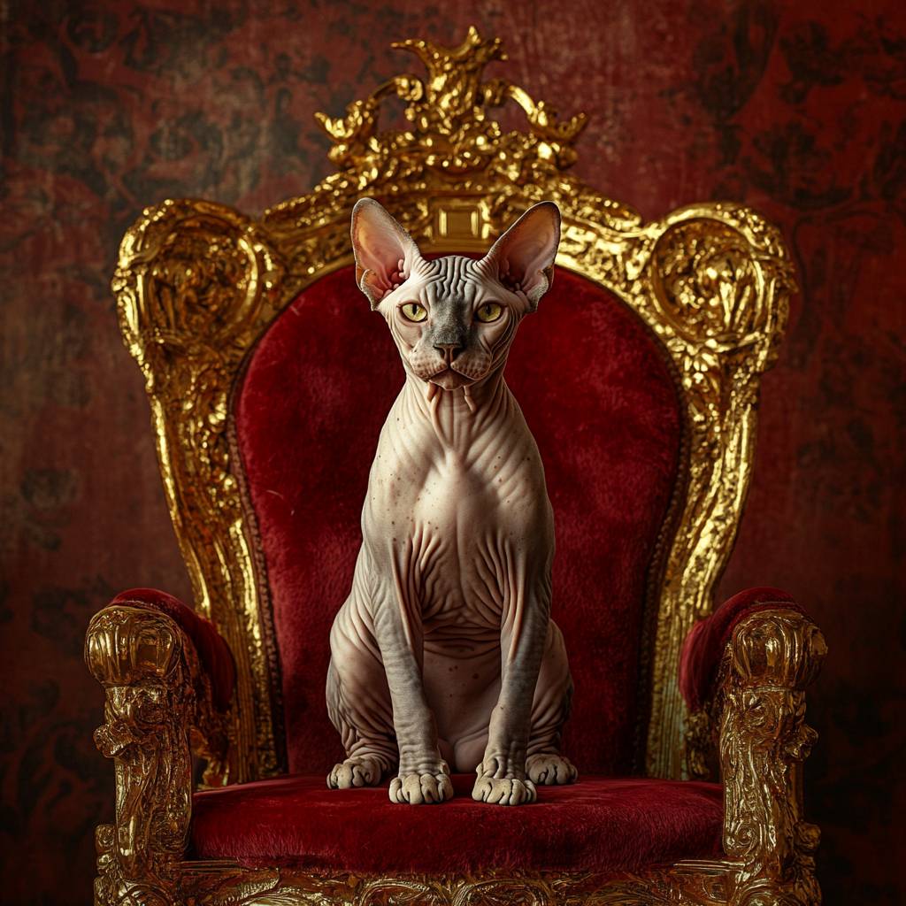 Un majestuoso gato esfinge con piel arrugada sentado en un trono dorado, fondo dramático de terciopelo rojo.
