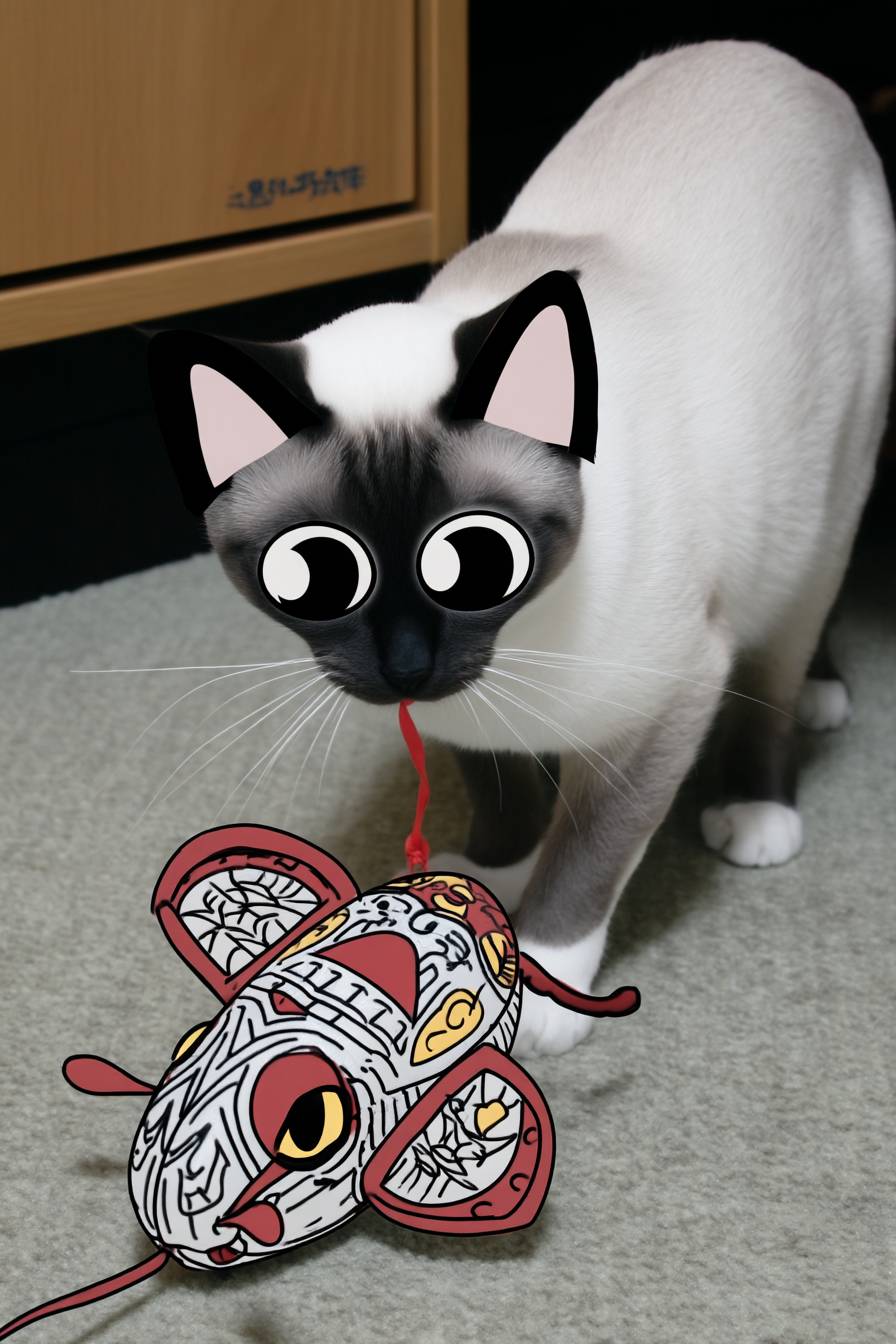 Um gato siamês brincalhão está brincando com um rato de brinquedo.