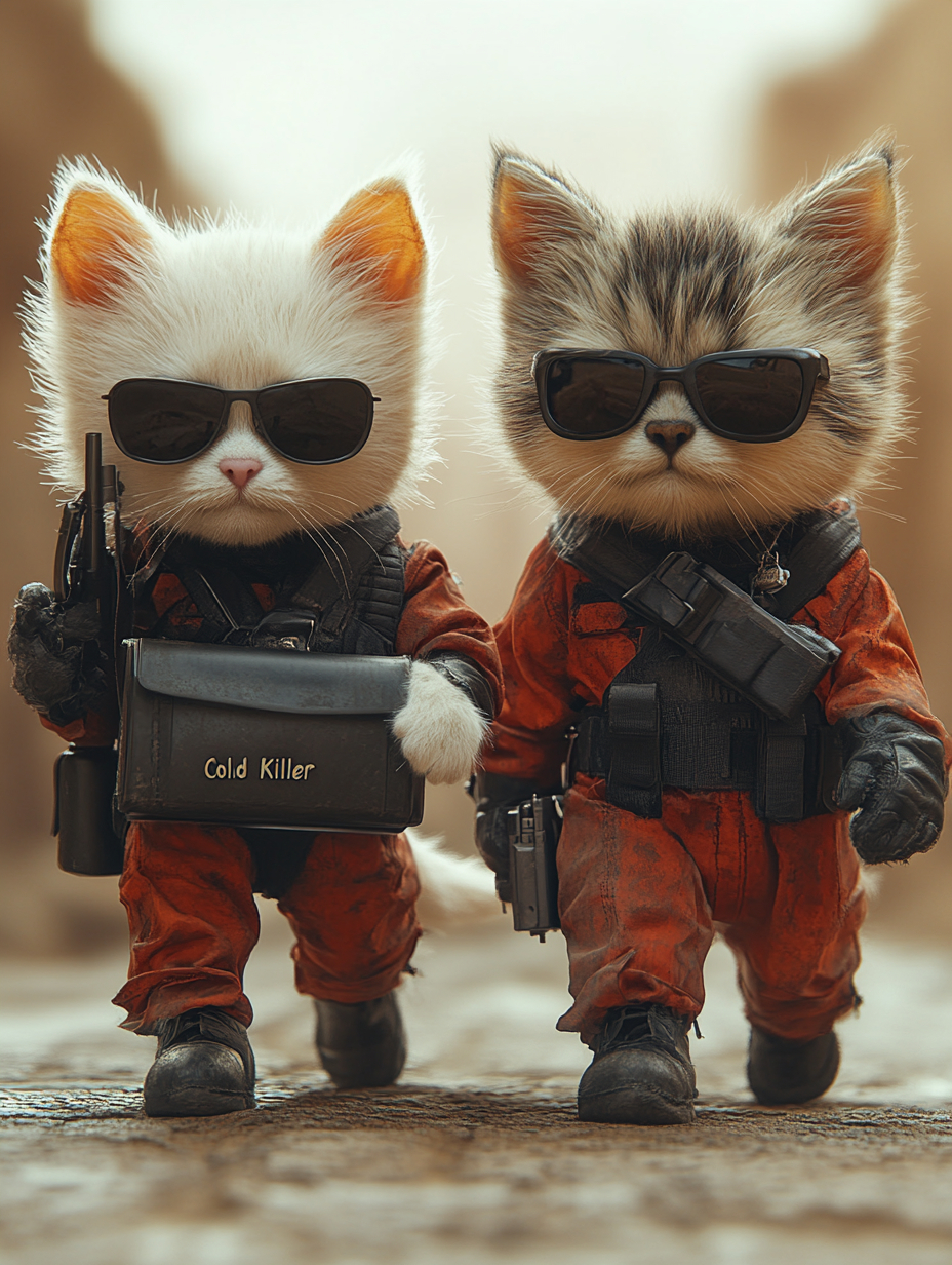 Eine Cartoon-Katze hält einen Aktenkoffer, während ein Cartoon-Hund einen Revolver trägt und im Stil des Films 'Cold Killer' die Straße entlanggeht.