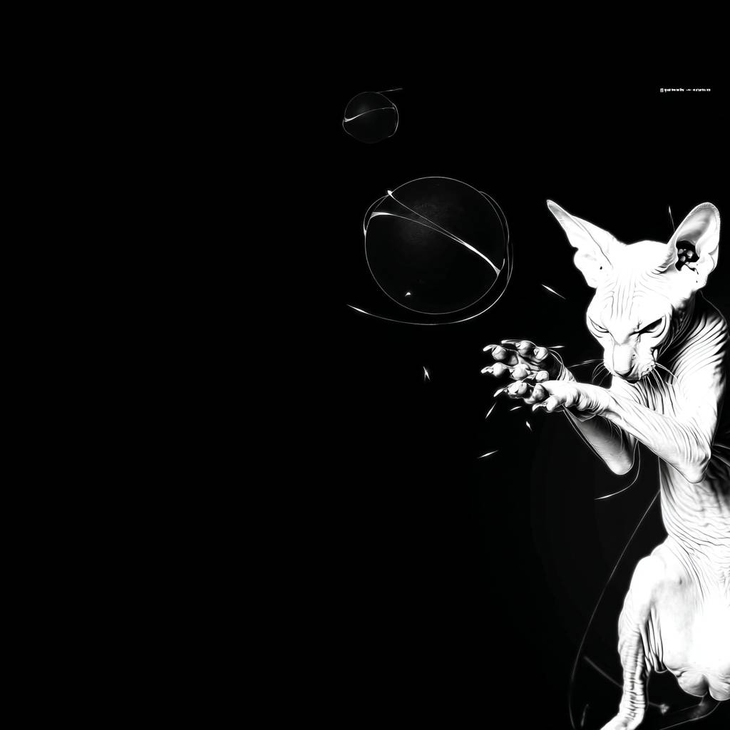 遊び好きなスフィンクス猫がボールを叩いている。