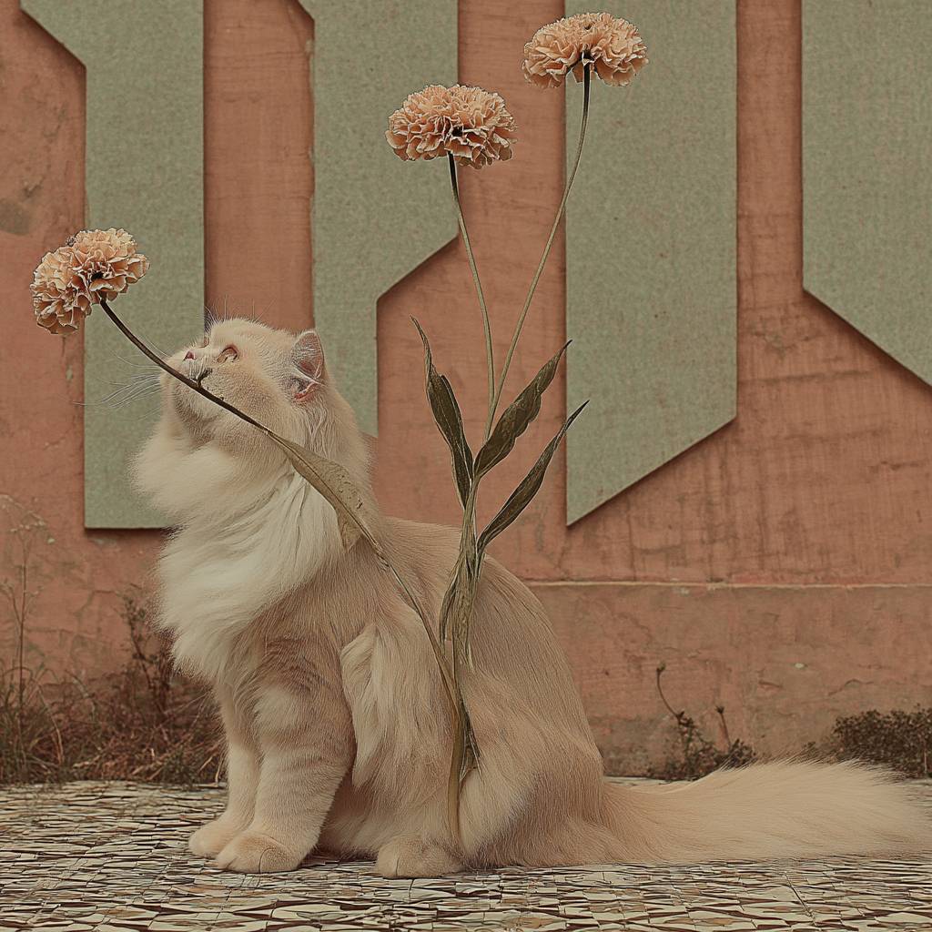 Un lindo gato persa olfateando una flor