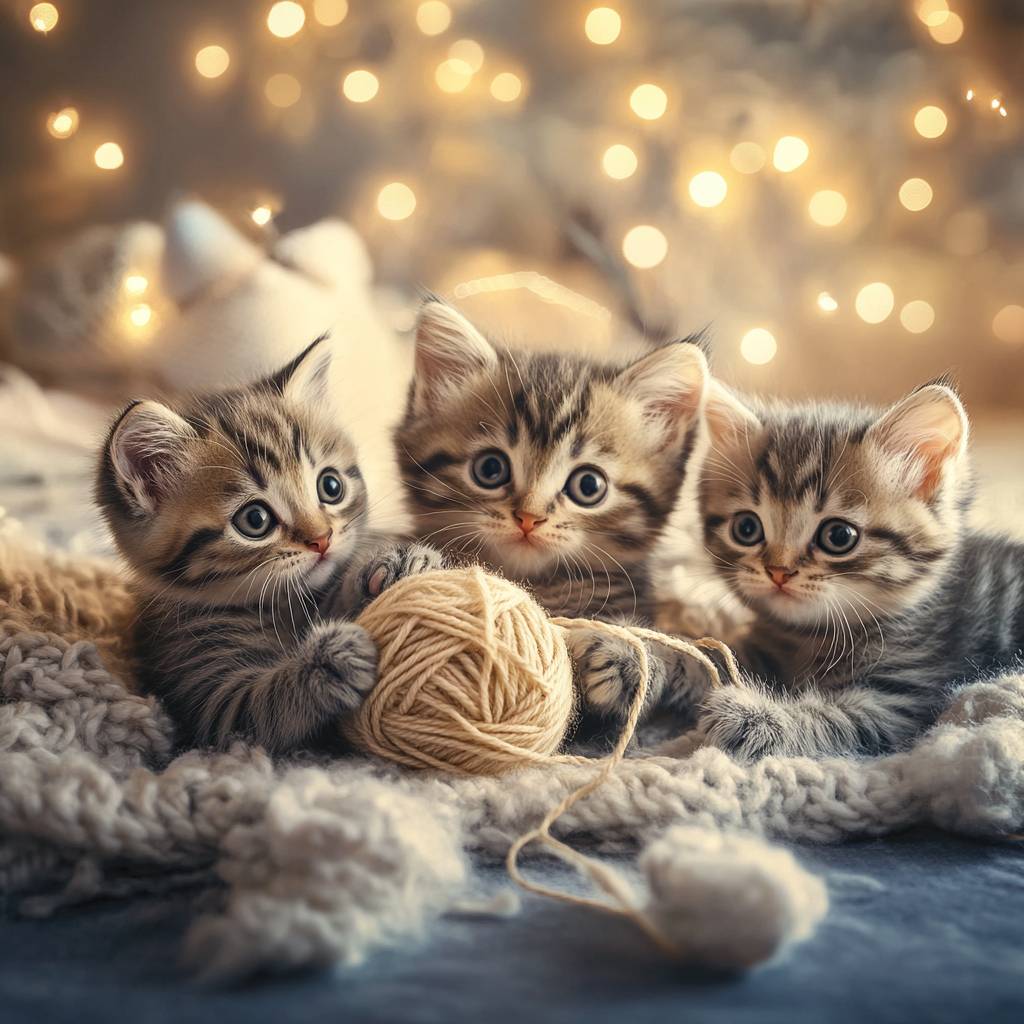 一群可爱的虎斑小猫在玩毛线球。