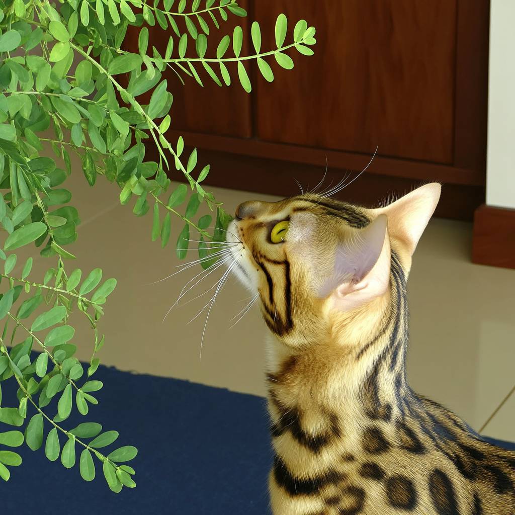 Eine neugierige Bengalkatze schnüffelt an einer Pflanze.