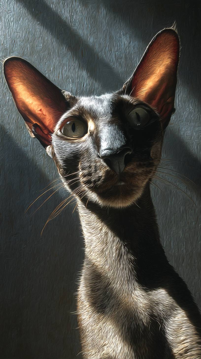 Un élégant chat Oriental Shorthair prenant un selfie avec un éclairage dramatique et un regard intense.