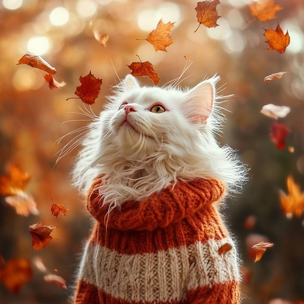 Un gato blanco esponjoso con un suéter acogedor rodeado de hojas de otoño que caen.
