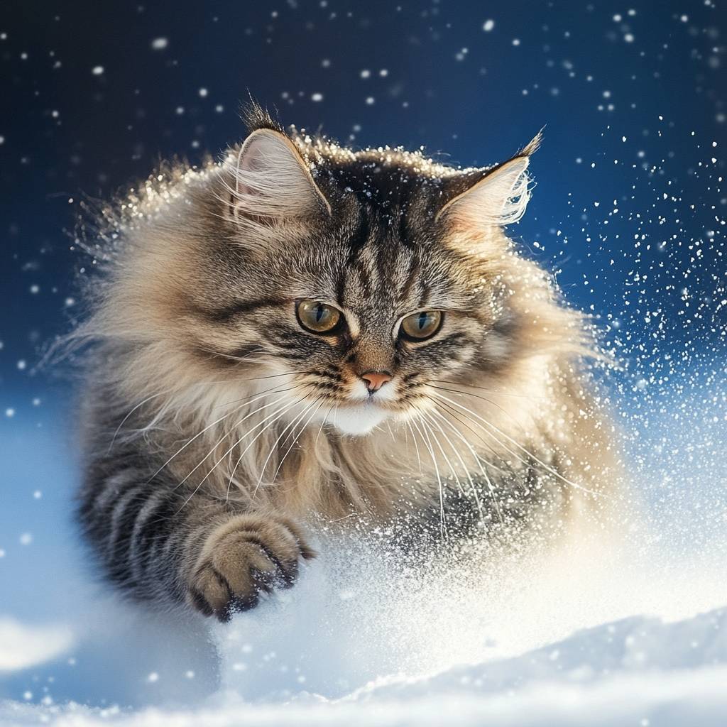 一只毛茸茸的西伯利亚猫在洁白的雪中玩耍。